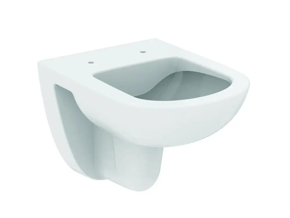 Weiße Wandtoilette von Ideal Standard, ohne Spülrand, mit geschwungener Form und offenen Seiten für einfache Reinigung, zur Wandmontage geeignet.